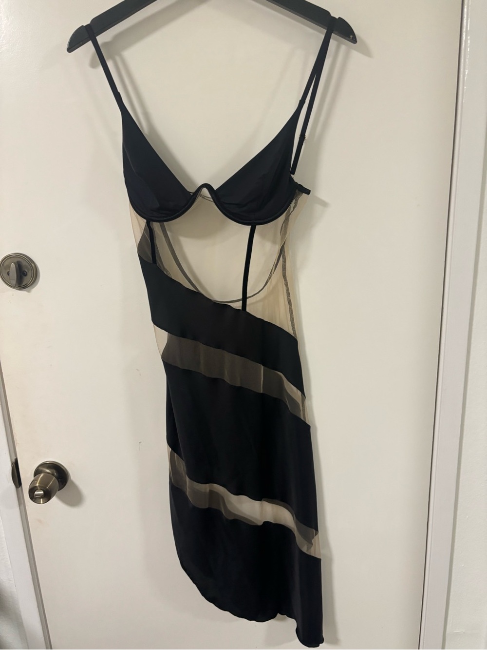 God Save Queens- Sheer Panel Black Slip Dress with Nude Stripes